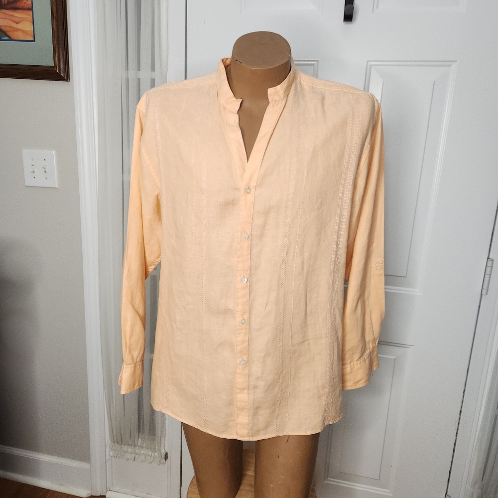 Carribean Mens Apricot Peach Nehru Collar 100% Linen Shirt‎  Size Large